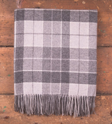 GREY & WHITE TARTAN THROW, LAMBS WOOL BLANKET - WOOLEN BLANKETS AND SCARVES, IRELAND