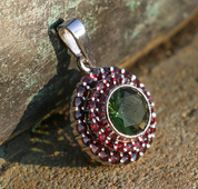 BRIANA, CZECH MOLDAVITE, GARNET, SILVER PENDANT - MOLDAVITES, CZECH