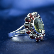 VELNA - MOLDAVITE, GARNET, SILVER RING - MOLDAVITES, CZECH