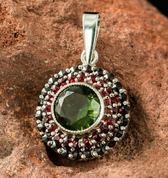 BRIANA, CZECH MOLDAVITE, GARNET, SILVER PENDANT - MOLDAVITES, CZECH