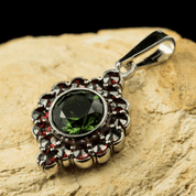 ZLATA, CZECH MOLDAVITE, GARNET, SILVER PENDANT - MOLDAVITES, CZECH