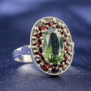 PERUNICA, CZECH MOLDAVITE, GARNET, SILVER RING - MOLDAVITES, CZECH