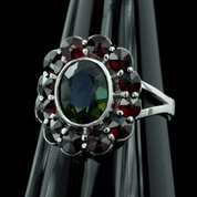 VELNA - MOLDAVITE, GARNET, SILVER RING - MOLDAVITES, CZECH