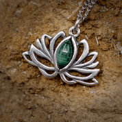 SACRED LOTUS FLOWER, SILVER PENDANT - MALACHITE - PENDANTS