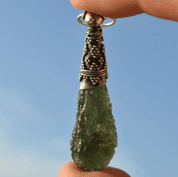 MOLDAVITE, NECKLACE WITH FILIGREE AND GRANULATION, PENDANT, SILVER 925 - MOLDAVITE