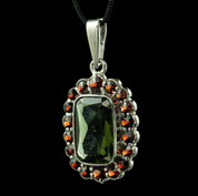 MERCURY, CZECH MOLDAVITE,  GARNET, SILVER PENDANT - MOLDAVITES, CZECH