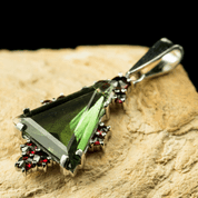 COSMOS, CZECH MOLDAVITE, GARNET, SILVER PENDANT - MOLDAVITES, CZECH