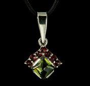 DIONE, CZECH MOLDAVITE, GARNET, SILVER PENDANT - MOLDAVITES, CZECH