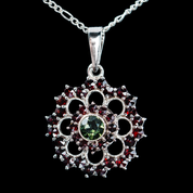 ROSETA, MOLDAVITE, GARNET, SILVER PENDANT - MOLDAVITES, CZECH