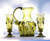BOHEMIA, GREEN GLASS SET, 2 + 1 - HISTORICAL GLASS