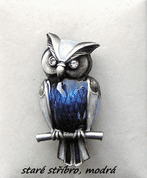 WISE OWL, BLUE, COSTUME BROOCH, METAL ALLOY - COSTUME JEWELLERY