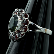 VELNA - MOLDAVITE, GARNET, SILVER RING - MOLDAVITES, CZECH