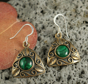 FEUILLES - BOUCLES D'OR, BRONZE, MALACHITE - BOUCLES D'OREILLES - BRONZE