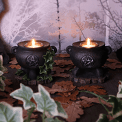 SET OF TWO IVY CAULDRON WITCHES CANDLE HOLDERS 11CM - FIGURINES, LAMPES