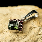 DIONE, CZECH MOLDAVITE, GARNET, SILVER PENDANT - MOLDAVITES, CZECH