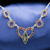 WARTA, SILVER NECKLACE, MOLDAVITE, GARNET - MOLDAVITES, CZECH