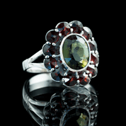 VELNA - MOLDAVITE, GARNET, SILVER RING - MOLDAVITES, CZECH