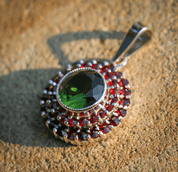 BRIANA, CZECH MOLDAVITE, GARNET, SILVER PENDANT - MOLDAVITES, CZECH