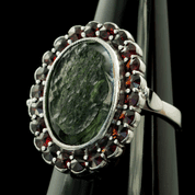 DRINA, CZECH MOLDAVITE, GARNET, SILVER RING - MOLDAVITES, CZECH