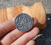 VIKING SWASTIKA THUMBY-BIENEBEK, BROOCH, SILVER - REPLICA - FILIGREE AND GRANULATED REPLICA JEWELS