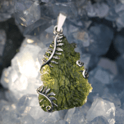 FERN, SILVER PENDANT WITH MOLDAVITE - MOLDAVITES, CZECH