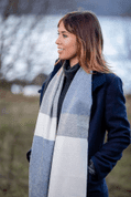 WHITE, UNIFORM AND JEANS MIX STRIPE SCARF, LAMBSWOOL - WOLLDECKEN UND SCHALS AUS IRLAND