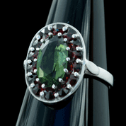 PERUNICA, CZECH MOLDAVITE, GARNET, SILVER RING - MOLDAVITES, CZECH