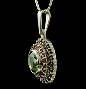 BRIANA, CZECH MOLDAVITE, GARNET, SILVER PENDANT - MOLDAVITES, CZECH