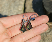 RHONDA, SILVER EARRINGS, MOLDAVITE, GARNET - MOLDAVITES, CZECH