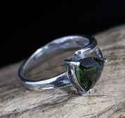 MOLDAVITE RING, TRILLION CUT, STERLING SILVER - MOLDAVITES, CZECH