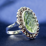 DRINA, CZECH MOLDAVITE, GARNET, SILVER RING - MOLDAVITES, CZECH