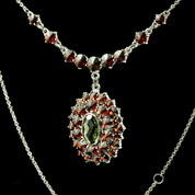 NORA, CZECH MOLDAVITE, GARNET, SILVER PENDANT - MOLDAVITES, CZECH