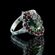 DESNA, CZECH MOLDAVITE, GARNET, SILVER RING - MOLDAVITES, CZECH