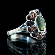 VELNA - MOLDAVITE, GARNET, SILVER RING - MOLDAVITES, CZECH