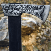 CARPATHIAN VALASKA TRADITIONAL FORGED AXE - ETCHED WITH WOLF AND DEER - AXES, POLEWEAPONS