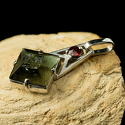 LARISSA, CZECH MOLDAVITE, GARNET, SILVER PENDANT - MOLDAVITES, CZECH