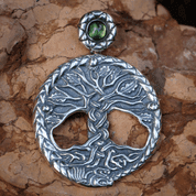 CELTIC OAK SACRED TREE OF LIFE PENDANT SILVER AND MOLDAVITE - MOLDAVITES, CZECH