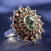 LYNA, CZECH MOLDAVITE, GARNET, SILVER RING - MOLDAVITES, CZECH