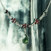 ROSALIA, CZECH MOLDAVITE, GARNET, SILVER NECKLACE - MOLDAVITES, CZECH