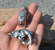 SMILODON, SABERTOOTH TIGER SKULL PENDANT, MASSIVE, TIN ALLOY SILVER PLATED - ANIMAL PENDANTS