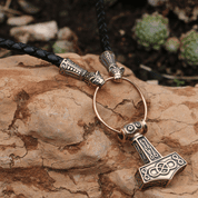 THOR'S HAMMER LEATHER BOLO, BRONZE - BRONZE HISTORICAL JEWELS