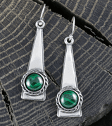 TRIANGLE - MALACHITE, EARRINGS, SILVER - EARRINGS WITH GEMSTONES, SILVER