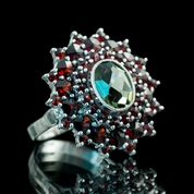 LYNA, CZECH MOLDAVITE, GARNET, SILVER RING - MOLDAVITES, CZECH