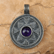 LADOGA, VIKING PENDANT, STERLING SILVER AMETHYST - FILIGREE AND GRANULATED REPLICA JEWELS