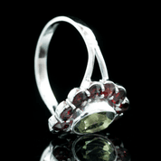 VELNA - MOLDAVITE, GARNET, SILVER RING - MOLDAVITES, CZECH