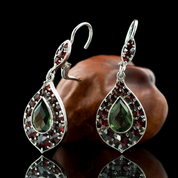 BRANKA, SILVER EARRINGS, MOLDAVITE, GARNET - MOLDAVITES, CZECH