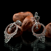 MELINDA, SILVER EARRINGS, MOLDAVITE, GARNET - MOLDAVITES, CZECH