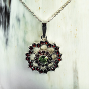 ROSETA, MOLDAVITE, GARNET, SILVER PENDANT - MOLDAVITES, CZECH