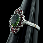 DESNA, CZECH MOLDAVITE, GARNET, SILVER RING - MOLDAVITES, CZECH