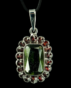 MERCURY, CZECH MOLDAVITE,  GARNET, SILVER PENDANT - MOLDAVITES, CZECH